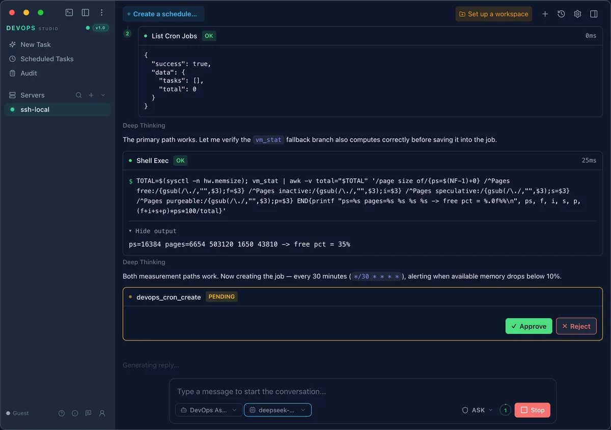 The assistant checking existing jobs, verifying the measurement, then calling devops_cron_create