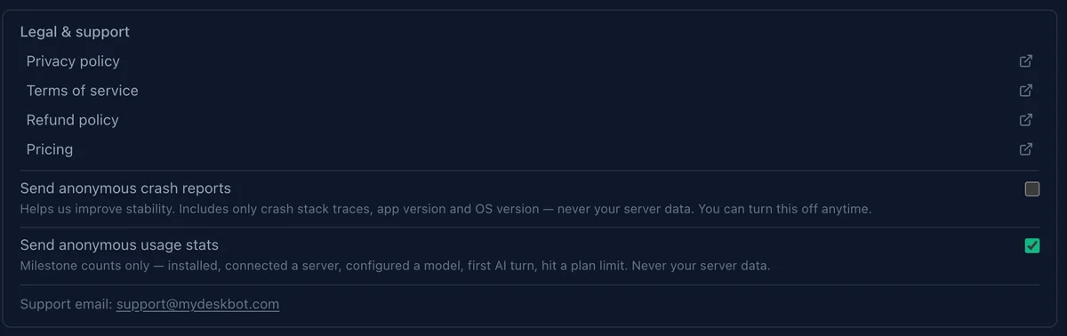 Product info panel with the crash report and usage stats switches