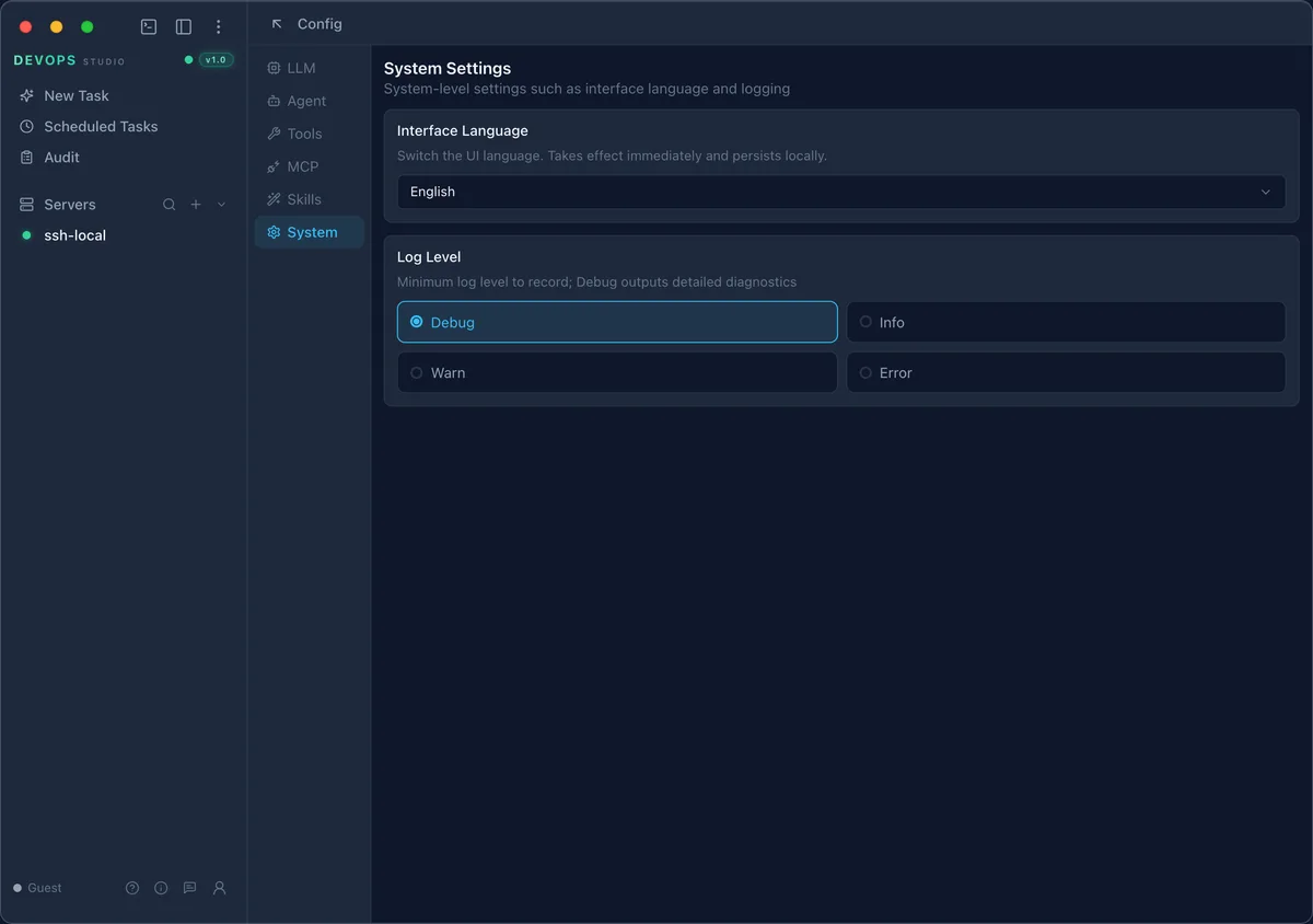 System tab with language and log level